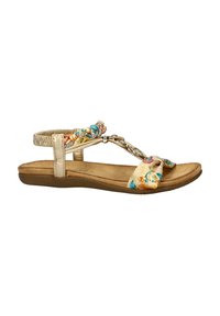 Sandalen met een beige band, een bloemenstof overlay, een gevlochten accent en een lichtgewicht zool. Bevat decoratieve kettingdetails.