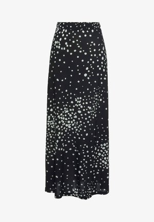 Zwarte maxi rok van een lichtgewicht stof, met een elastische tailleband en een gelijkmatig verdeeld wit stippenpatroon over het oppervlak.