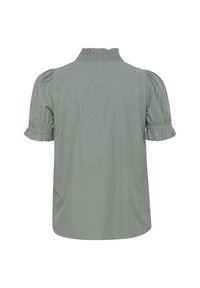 Groene, korte mouwen blouse met een smockhoge hals en ruches aan de manchetten. Gladde stof met een losse pasvorm en een eenvoudig ontwerp.