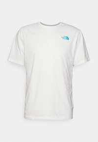 White cotton t-shirt featuring short sleeves, a crew neck, and a light blue logo on the upper left side. Smooth texture.