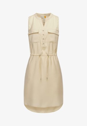 Kremowa, bezrękawnikowa sukienka z kołnierzykiem, z przodu z zapięciem na guziki, dwoma kieszeniami na piersi oraz regulowanym ściągaczem w talii.