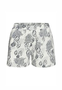 White shorts featuring a navy shell and coral print, elastic waistband, lightweight fabric, and relaxed fit. Design covers entire garment.