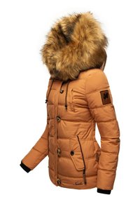 Padded parka jacket in warm orange with faux fur hood, button closures, front pockets, and black cuffs. Features stitching detail and logo patch.