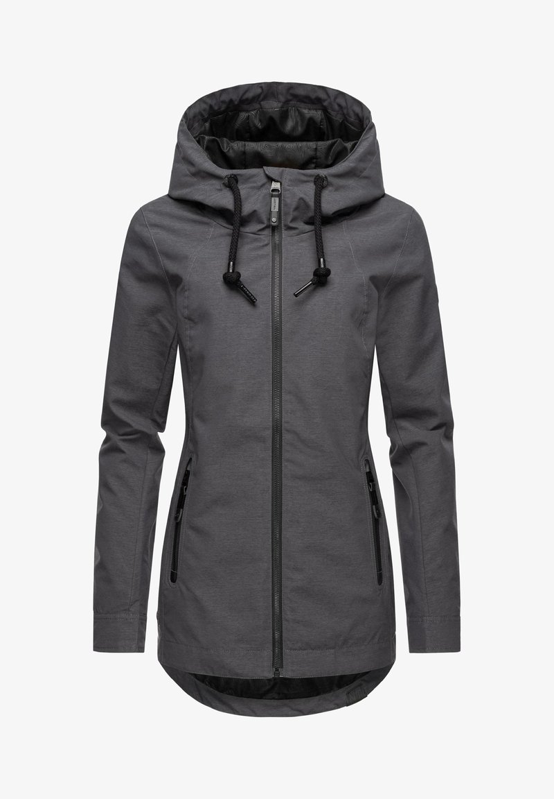 Gray waterproof jacket with a high collar and adjustable hood. Features a front zipper and two side pockets with zippers. Smooth texture.
