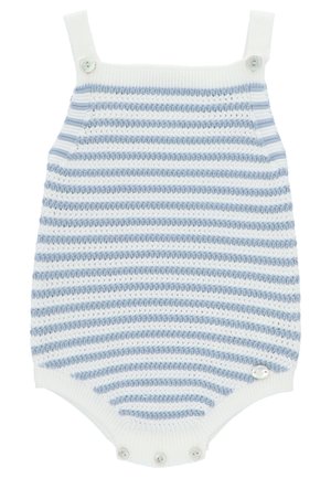 Pelele para bebé con rayas horizontales azules y blancas, tirantes abotonados y tres botones en la entrepierna para cerrar.