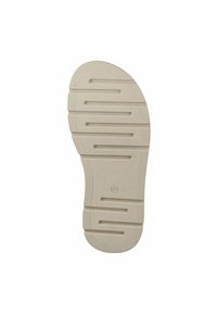 Sole di scarpa in gomma, colore bianco sporco. Presenta scanalature orizzontali e verticali per la presa, bordi arrotondati e lisci, indicatore della taglia in rilievo.