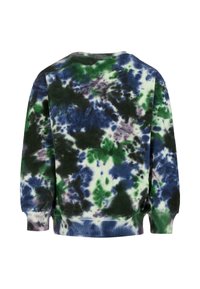 Sweatshirt tie-dye in blu navy, verde e viola. Presenta un collo rotondo, maniche lunghe e una vestibilità rilassata con polsini e orlo a coste.