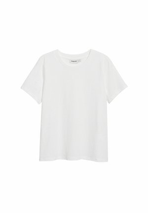 Valkoinen puuvillainen t-paita, jossa on pyöreä pääntie ja lyhyet hihat, suoraviivainen leikkaus ilman näkyviä kuvioita tai koristeita.