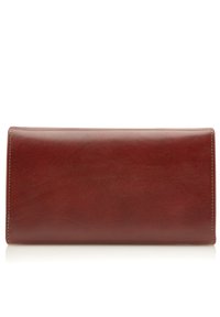 Portafoglio rettangolare in pelle bordeaux con texture liscia e dettagli di cucitura. Il fronte presenta un design pulito e minimalista senza decorazioni.
