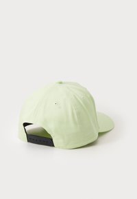 Casquette vert clair avec une visière incurvée, texture en tissu, six panneaux et une sangle noire réglable à l'arrière pour l'ajustement de la taille.
