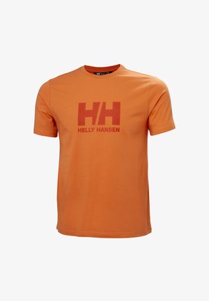 Oranžové bavlněné tričko s kulatým výstřihem, krátkými rukávy a velkým červeným logem "HH" s textem "HELLY HANSEN" umístěným uprostřed dole.