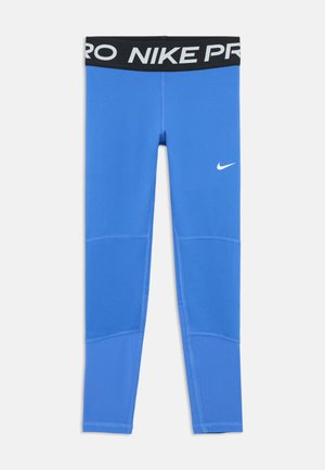 Leggings Nike Pro bleus avec une taille noire portant le texte "NIKE PRO" en blanc et un petit logo Nike blanc sur la jambe inférieure. Matière lisse et extensible.