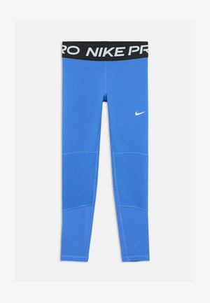 Blaue Nike Pro Leggings mit einem schwarzen Bund, auf dem der weiße "NIKE PRO"-Text und ein kleines weißes Nike-Logo auf dem Unterschenkel zu sehen sind. Glattes, dehnbares Material.
