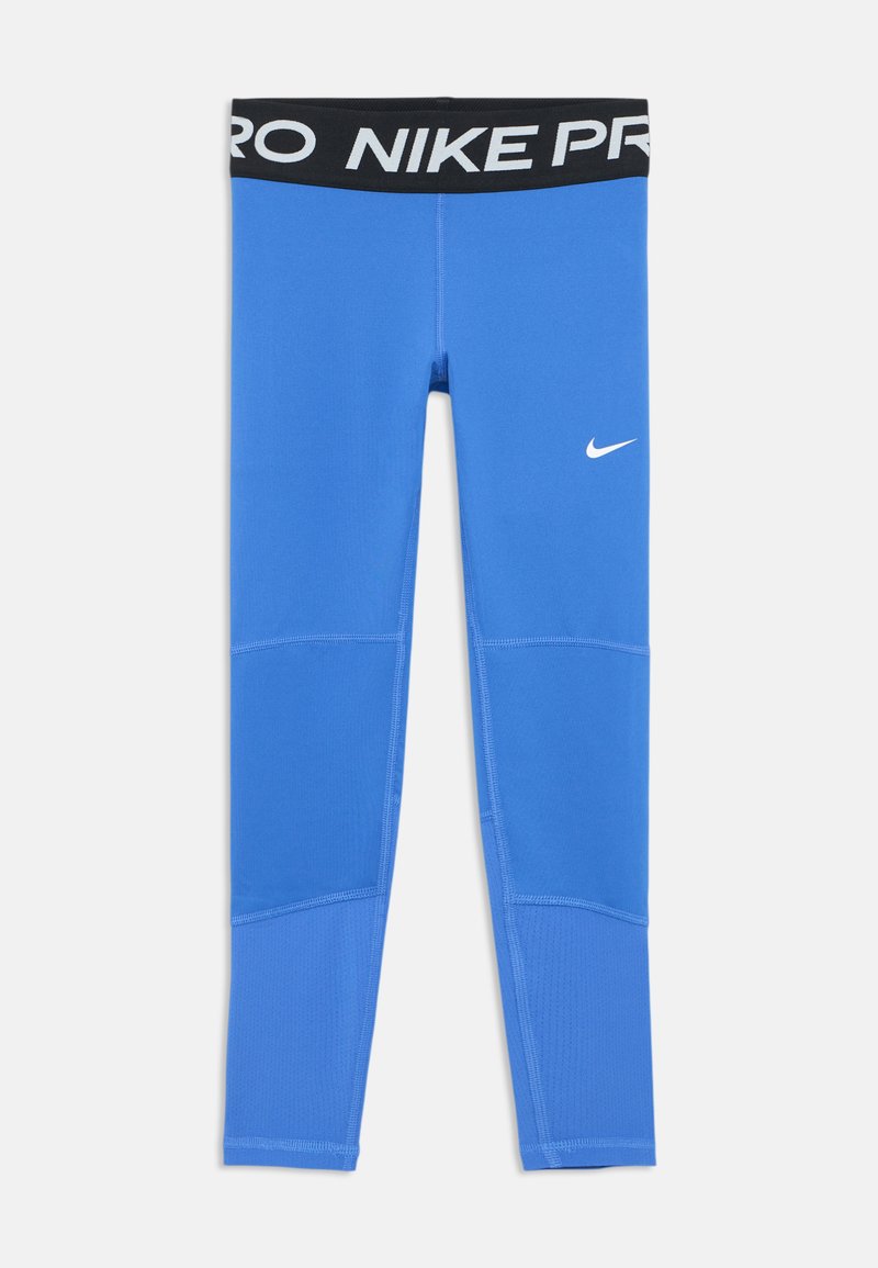 Mallas Nike Pro azules con una cinturilla negra que lleva el texto blanco "NIKE PRO" y un pequeño logo de Nike en blanco en la parte inferior de la pierna. Material suave y elástico.