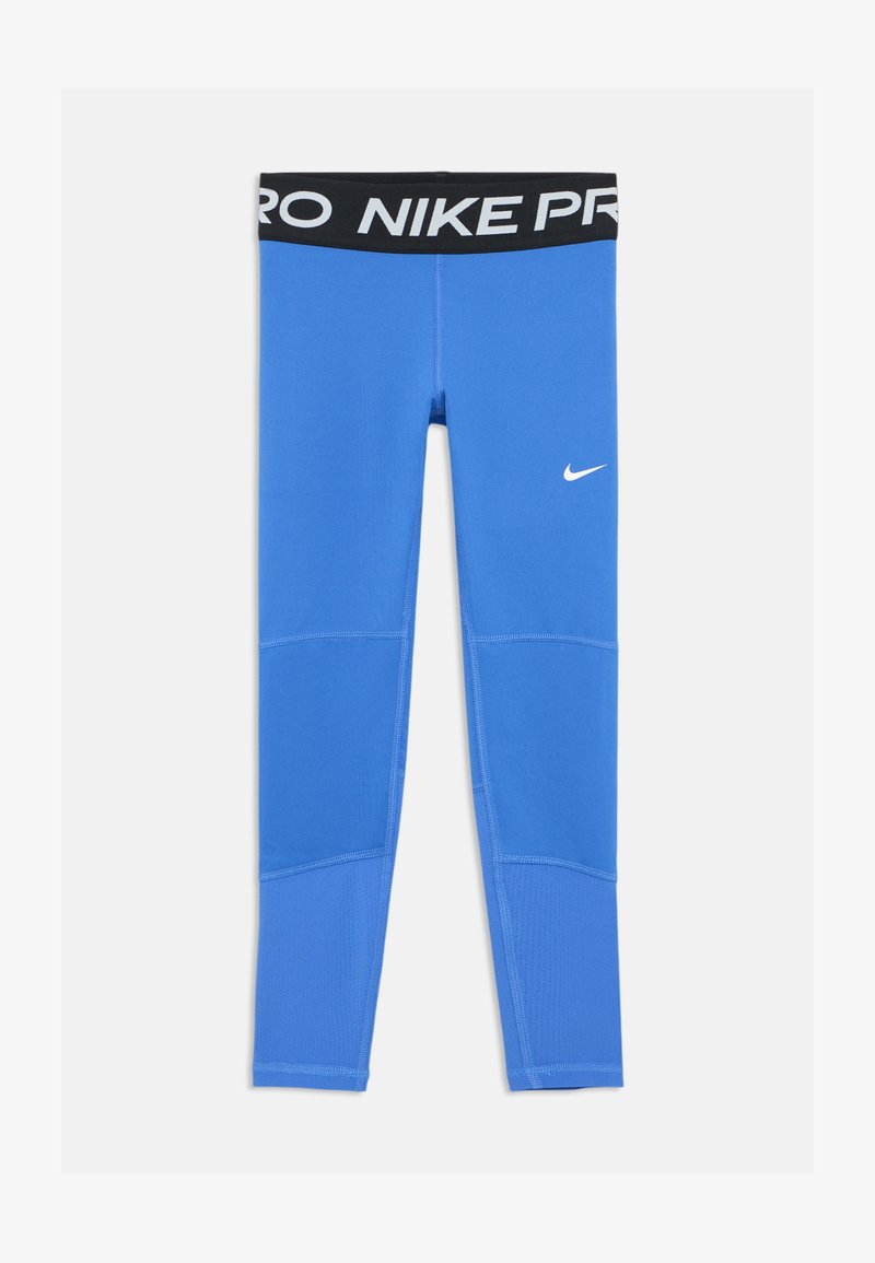 Leggings Nike Pro bleus avec une taille noire portant le texte "NIKE PRO" en blanc et un petit logo Nike blanc sur la jambe inférieure. Matière lisse et extensible.