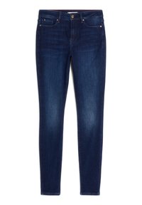 Vaqueros de denim skinny fit en azul oscuro con cintura de altura media, detalles en dorado y un sutil desvanecimiento en los muslos. Diseño de cinco bolsillos.