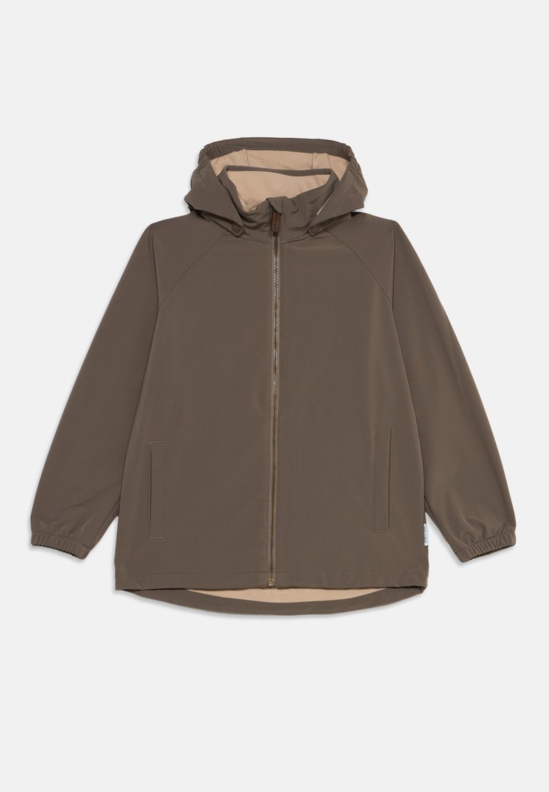 Veste marron à capuche avec fermeture éclair frontale, deux poches latérales, poignets élastiques et doublure beige à l'intérieur de la capuche et de l'ourlet.