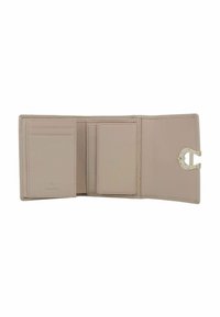 Portafoglio beige chiaro realizzato in pelle testurizzata, dotato di più scomparti per carte, una tasca centrale e una chiusura con clacson metallico.