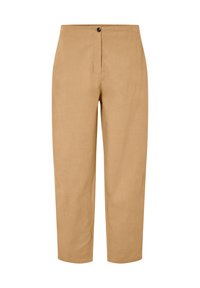 Beige broek gemaakt van stof met een gladde textuur, met een recht model, een knoopsluiting en een ritssluiting aan de voorkant.