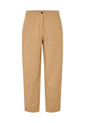 Pantaloni beige realizzati in un tessuto dalla texture liscia, con un design a gamba dritta, chiusura con bottone e zip frontale.
