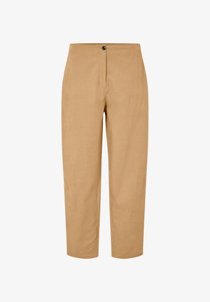 Beige Hose aus einem Stoff mit glatter Textur, featuring einen geraden Schnitt, einen Knopfverschluss und einen Reißverschluss vorne.