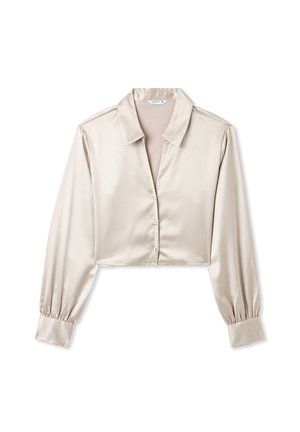 Blusa di satin tagliata in un leggero colore beige, con colletto, chiusura con bottoni e maniche lunghe a sbuffo con polsini arricciati.