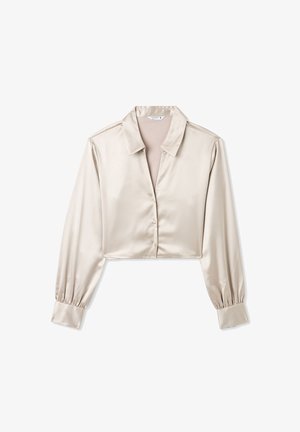 Blusa di satin tagliata in un leggero colore beige, con colletto, chiusura con bottoni e maniche lunghe a sbuffo con polsini arricciati.