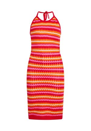 Ristipaita-mekko, jossa on zigzag-kuvio punaisen, vaaleanpunaisen, oranssin ja keltaisen sävyissä. Tiukka malli, jossa on solmittava kaulanauha.