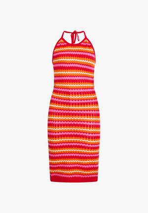 Rochie tricotată cu bretele halter, având un model în zigzag în nuanțe de roșu, roz, portocaliu și galben. Design ajustat, cu o curea la gât care se leagă la spate.