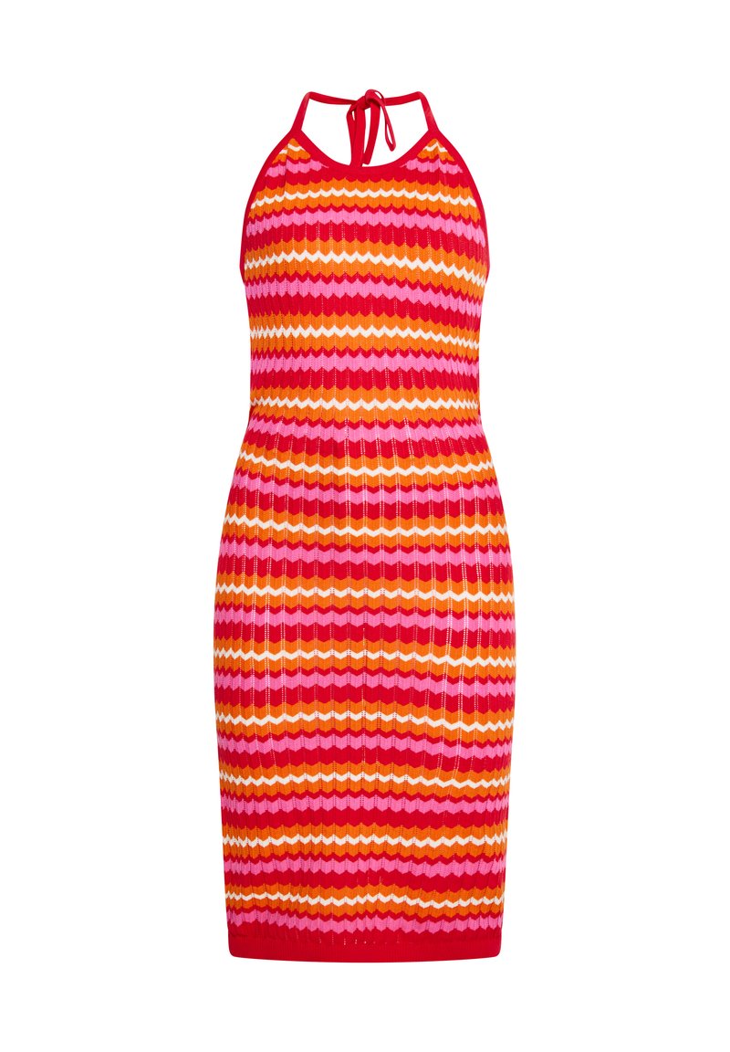 Abito a halter in maglia con un motivo a zigzag in tonalità di rosso, rosa, arancione e giallo. Design aderente, con una fascia da legare dietro il collo.
