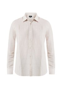 Camicia button-up beige chiaro con strisce verticali bianche, maniche lunghe, colletto a punta e texture liscia. Presenta una chiusura frontale con bottoni.