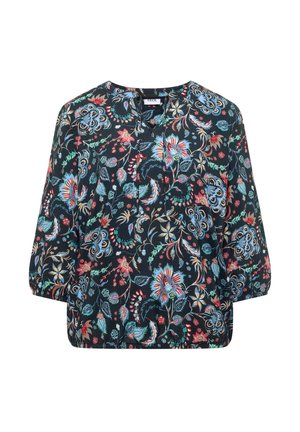 Blusa azul oscuro con mangas tres cuartos, con un patrón floral colorido en rojo, azul claro y beige, con escote redondo y lazos frontales.