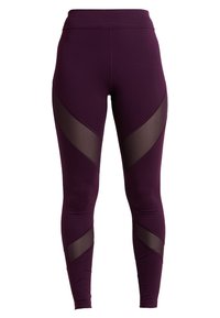 Leggings viola con vita alta, caratterizzati da pannelli in rete trasparente in un design diagonale sui lati. Materiale liscio e elasticizzato.