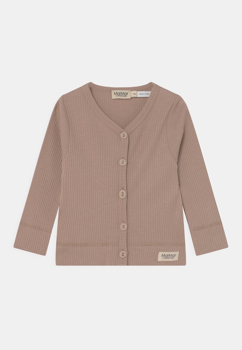 Cardigan marrón de canalé con escote en V, mangas largas y cierre de botones. Presenta una etiqueta en el lado inferior, confeccionado en tejido suave.