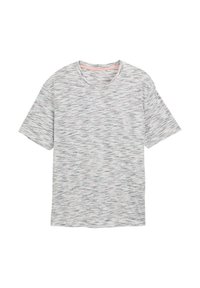 T-shirt gris et blanc à manches courtes avec un motif texturé et ondulé et un design en V. Tissu léger avec une texture douce.