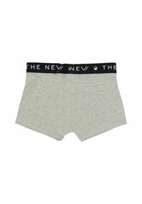 Boxer shorts en coton gris avec une taille noire comportant du texte blanc. Le design est sans couture avec une coupe ajustée et confortable.