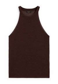 Haut sans manches en maille bordeaux avec un col montant, présentant une texture lisse et des finitions côtelées autour du col et des emmanchures.