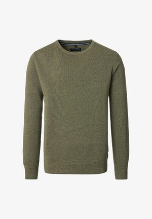 Olive green sweater made from textured knit fabric, featuring a crew neck and long sleeves, with ribbed cuffs and hem for fit.
