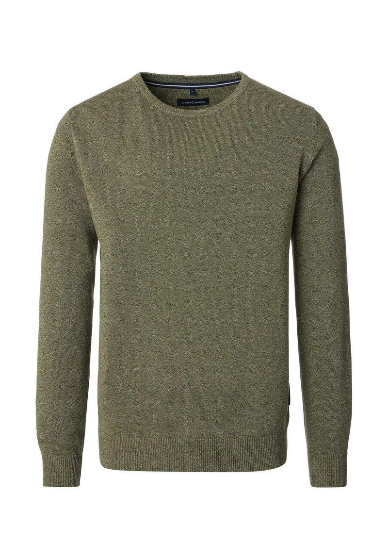 Olijfgroene trui gemaakt van gestructureerde gebreide stof, met een ronde hals en lange mouwen, voorzien van geribde boorden en zoom voor een goede pasvorm.