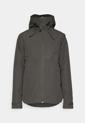Giacca impermeabile grigio scuro con zip frontale, cappuccio e coulisse regolabili. Caratterizzata da un orlo arrotondato e polsini con chiusura in Velcro.