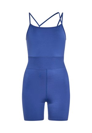 Blå strækbodystocking med spaghettistropper, en tætsiddende talje og korte ben. Glat tekstur og sømløst design for et elegant udseende.