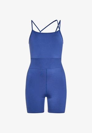 Blue stretch bodysuit with spaghetti straps, a fitted waist, and short legs. Smooth texture and seamless design for a sleek look.