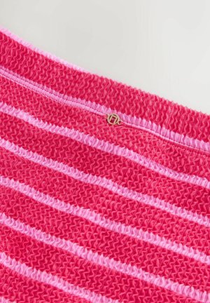 Pink and light pink striped fabric with a textured, gathered finish. Includes a small gold accent near the top seam.