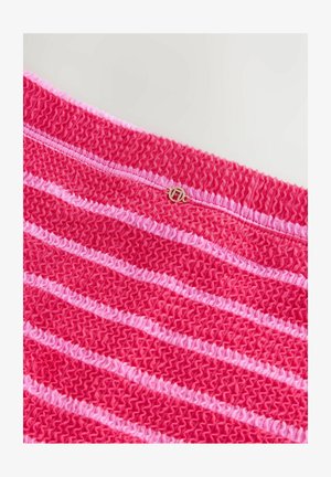 Pink and light pink striped fabric with a textured, gathered finish. Includes a small gold accent near the top seam.