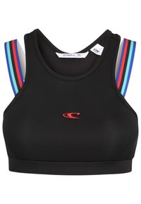 Černá sportovní podprsenka s výstřihem do tvaru lžičky, pestrobarevnými pruhovanými ramínky a malým červeně vyšitým logem vpředu.