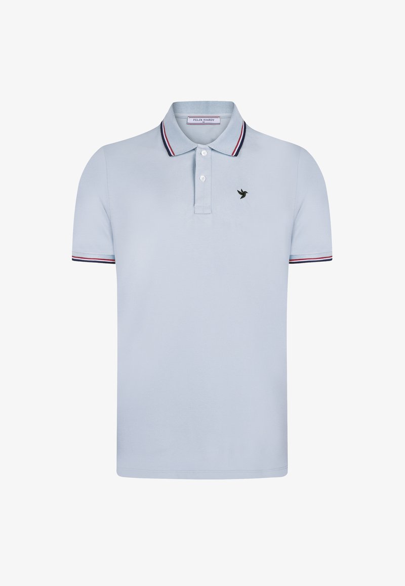 Světle modrá bavlněná polo tričko s krátkými rukávy, zapínání na tři knoflíky a černým logem ptáka. Kontrastní červené a námořnické pruhy na límci.