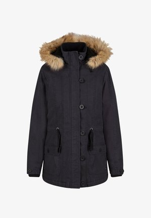 Fekete szigetelt dzseki műszőrme bélésű капucni, függőleges varrásokkal, négy elülső zsebbel, két gombos záródással és derékra állítható zsinórral.