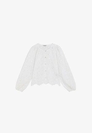 Hvid langærmet bluse med blomsterudskæringer i øjletsdesign, rund halsudskæring, perleknapper foran, elastiske manchetter og bølget kant.