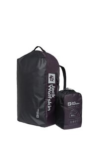 Grande borsa a borsone nera e viola scuro con una texture liscia, dotata di una maniglia superiore e di un logo. Accanto, una borsa più piccola abbinata.