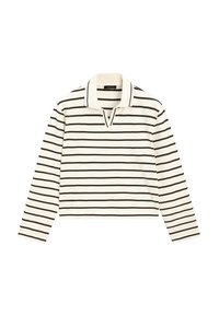 Witte longsleeve polo met zwarte horizontale strepen, voorzien van een kraag, een V-halsopening en een cropped ontwerp. Zachte stoftextuur.